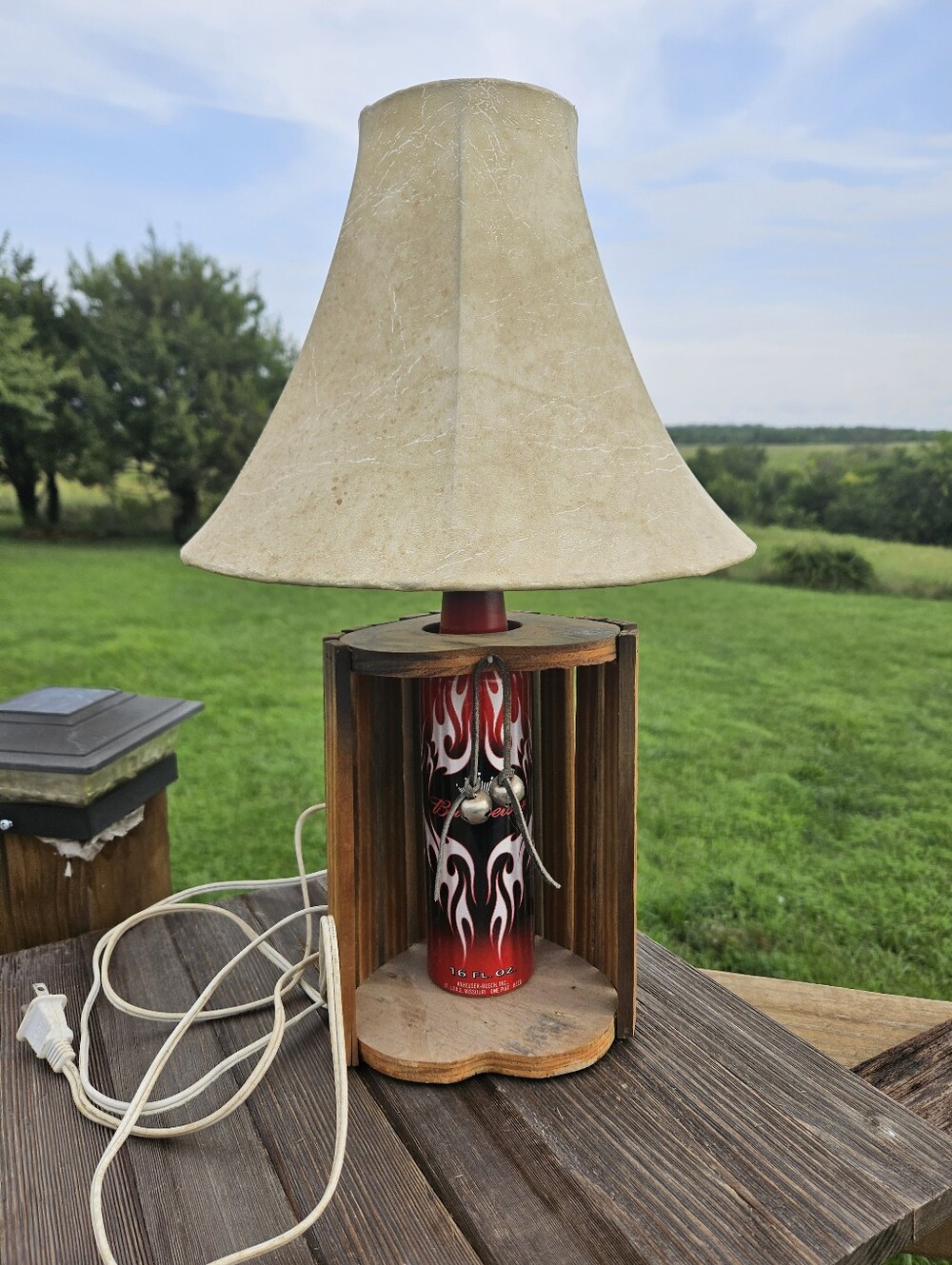 BUDWEISER BEER MAN CAVE BAR Flame Aluminum Bottle Wooden Crate Table Lamp Light